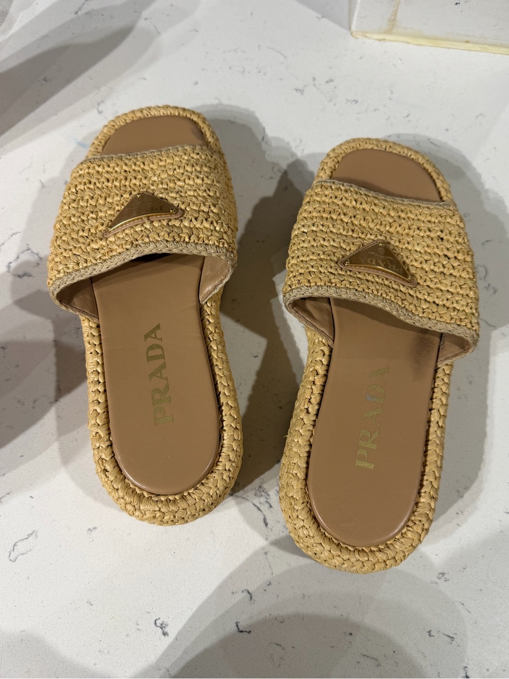 Prada Beige Raffia Slide Mules with Gold Logo